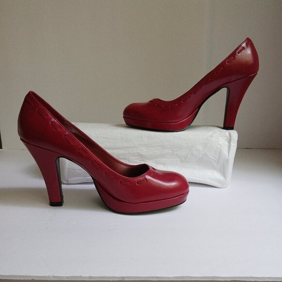 Hot Tomato Red Pleather Round Toe Grosgrain Weave & Bow Detail Pinup Pumps Sz 8 - Picture 4 of 10